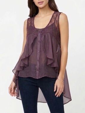 Cecico Sheer Plum Sleeveless Flowy Babydoll Blouse Lace Detail Ruffled Layers